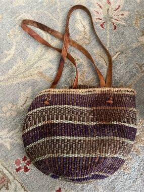 Vintage African Woven Sisal & Leather Market Tote Bag Purse